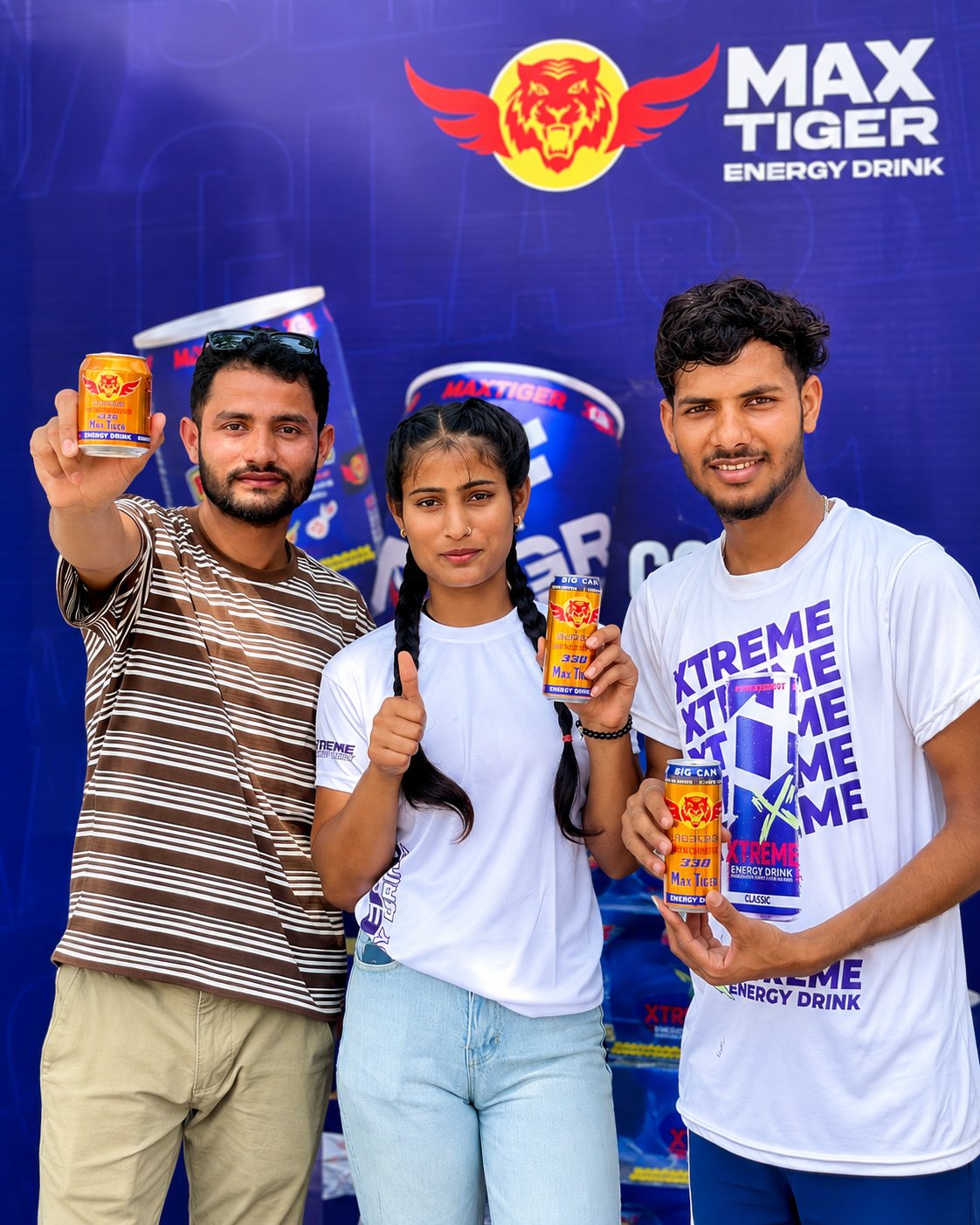 Three people holding Max Tiger energy drink cans